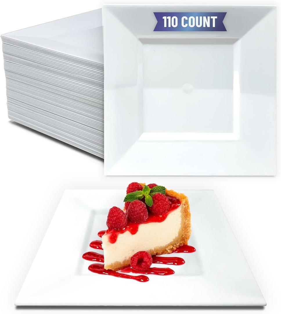 Reli. 110 Pcs Square Plastic Plates Disposable | 6.5" White Disposable Dessert Plates for Party | Hard Plastic | Fancy for Party, Wedding, Small Appetizer, Salads, Dessert