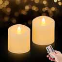 3x3 Flickering Flameless Candles Set of 2, 2AA Battery Life 600 Hours Battery Candles Flickering with Timer,3 inch Flameless Candles with Remote for Indoor/Outdoor, Ivory