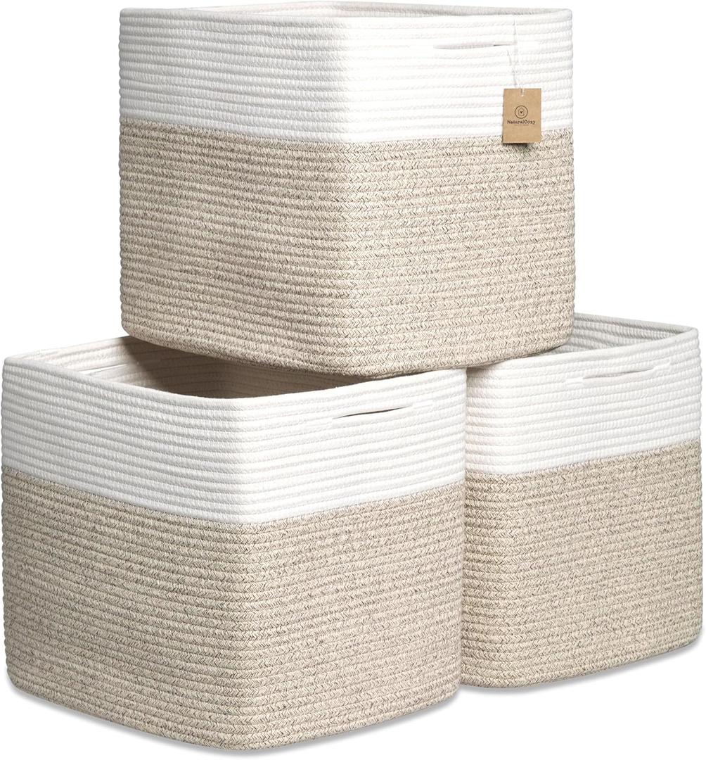 NaturalCozy 13x15x13 Kallax Storage Cubes Bins, 3 Pack | Cotton Rope Cube Storage Bin Woven Baskets for Organizing | Kallax Insert Storage Baskets for Shelves Organizer, Kids Toy, Closet Baby Nursery (Off White & Mixed Brown)