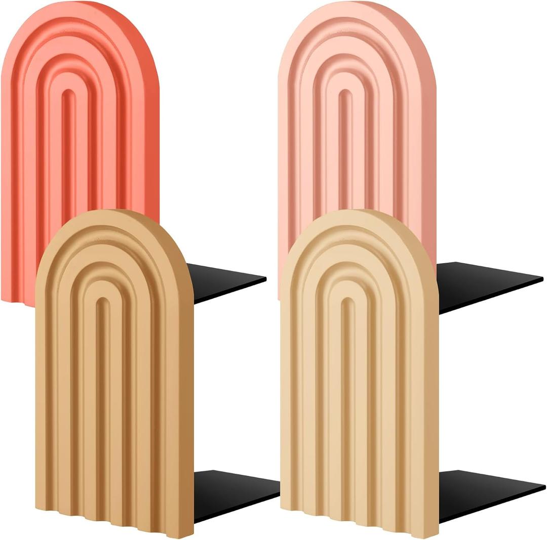 Harloon 4 Pcs Boho Arch Wooden Bookends, Decorative Rainbow Book Stoppers with NonSlip Metal Base, 5x3x4 Inches, Cute Shelf Decor for Heavy Books, Home Office Study Desk Organizer (Pastel Color)