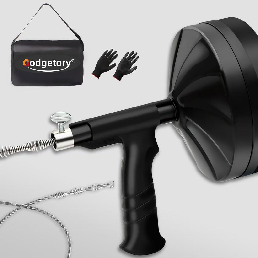 50 FT Drain Snake Auger - Flexible & Powerful Snake Drain Hair Remover Tool, for Kitchen, Shower & All Drains - Manual or Drill-Powered with Gloves, Storage Bag (Black)