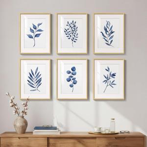 Framed Minimalist Botanical Wall Art, Set of 6 Blue Floral Leaf Painting Prints Artwork for Walls, Navy Blue Flowers Watercolor Plant Pictures for Bedroom Dining Room Hallway Office Home Decor, 11x14