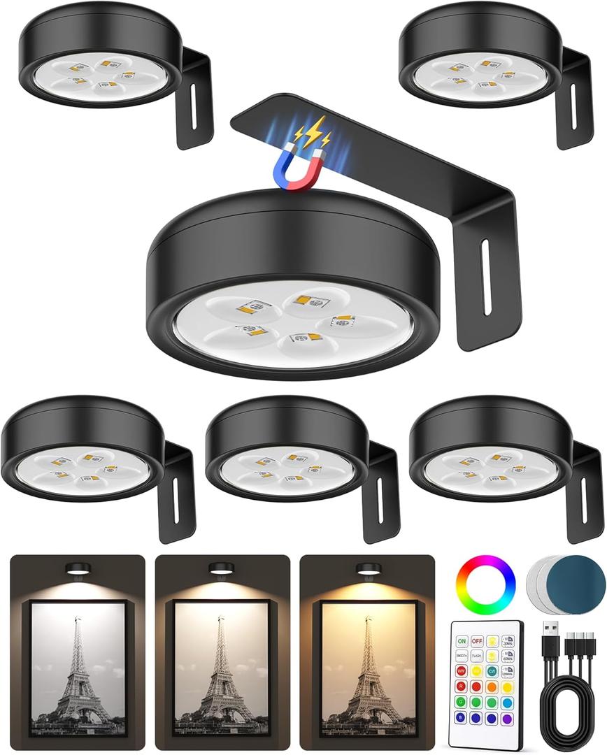 Picture Lights for Wall,Wireless 2000mAh Rechargeable Magnetic LED Puck Lights with Remote,3 Color Temps and 12 RGB,Dimming & Timer,Art Frame Light for Painting Display,Photos,Wall Decor(6 Pack)