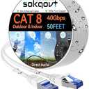 Sokqovt Cat 8 Ethernet Cable Slim 50ft Outdoor & Indoor, Pure Copper Cat8 Internet Cable for Waterproof & Direct Burial, Flexible Cat8 Ethernet Cable 40G 2000MHZ, Cat 8 Network Cable for Indoor White