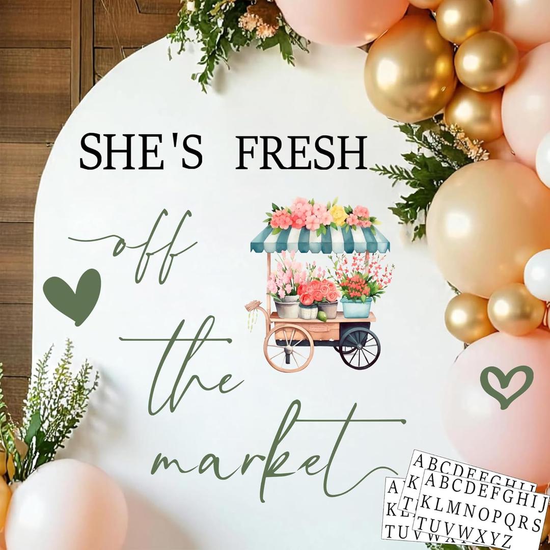 Custom Name Fresh Off The Market Sign Bridal Shower Party Decoration Decals for Backdrop Engagement Bachelorette Sign for Balloon Arch Floral Bridal to Be Party Supplies Wedding Letters Stickers