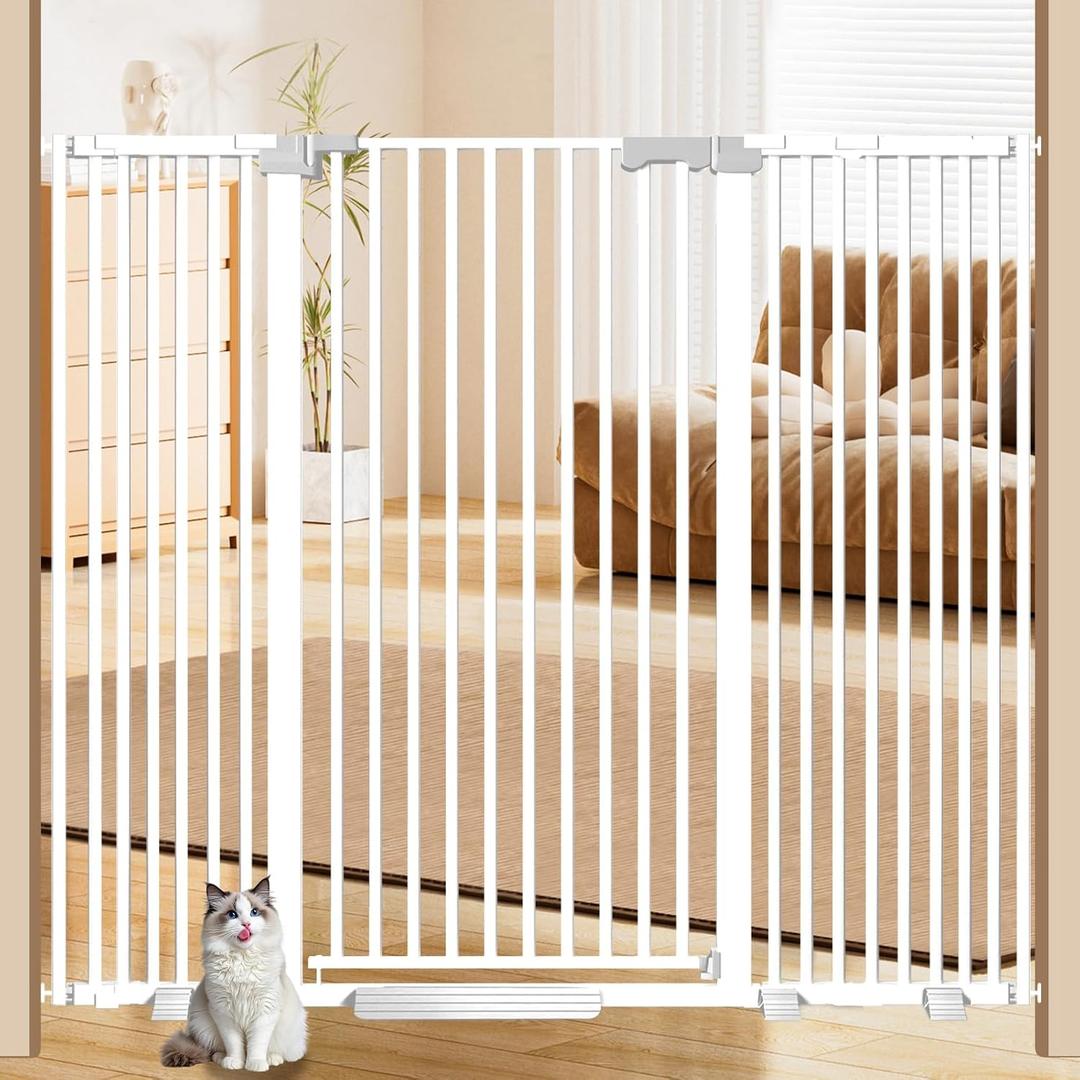 51'' Extra Wide Cat Gate Barrier 30-63'' Wide for Doorways Hallways, Pressure Mounted Tall Pet Dog Gates No Drilling Auto Close, Cat Fence Indoor Climb Proof (White)