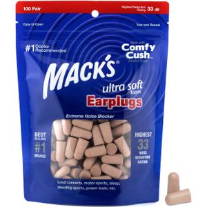 Mack's Ultra Soft Foam Earplugs, 100 Pair Bag - 33dB Highest NRR, Comfortable Ear Plugs for Sleeping, Snoring, Travel, Concerts, Studying and Loud Noise | Made in USA (Beige)