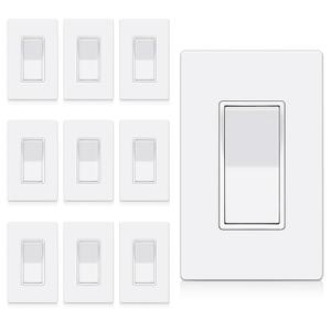 BESTTEN 3 Way Decorator Light Switch, 10 Pack On/Off Paddle Rocker Interrupter, 15A 120/277V, Electrical Wall Light Switches with Screwless Wallplates, Single Pole or Three Way, UL Listed, White