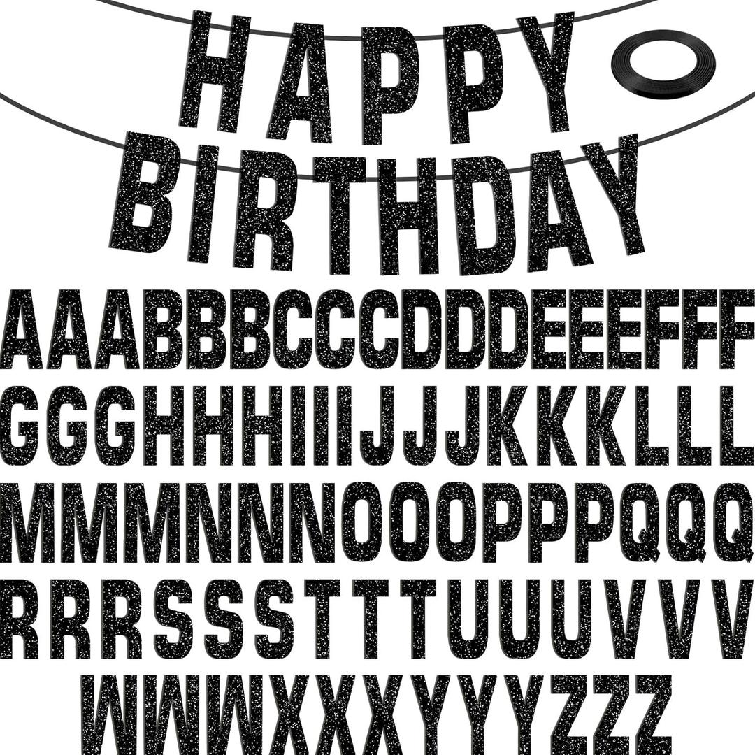78 Pcs Make Your Own Banner Kits Large Size 6 Inch DIY Glitter Letter Pack Reuse Letters Banner Kit with White Ribbon for Birthday Wedding Shower Party Favor Wedding Wall Decor (Gold Glitter Black)