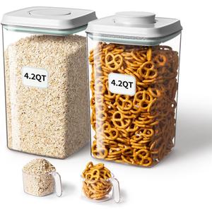 Ankou Airtight Food Storage Container with Pop Lid & 130ml Scoop, 4L/4.2qt *2 BPA-Free Cereal, Rice, Flour, Pasta & Snack Container, Stackable & Durable,Kitchen Pantry Organizer