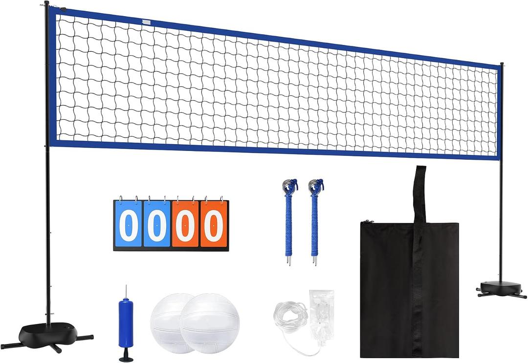 Upgraded Pool Volleyball Net Set with Battery LED Lights, 15-32FT Width & 4-7.5FT Height Adjustable