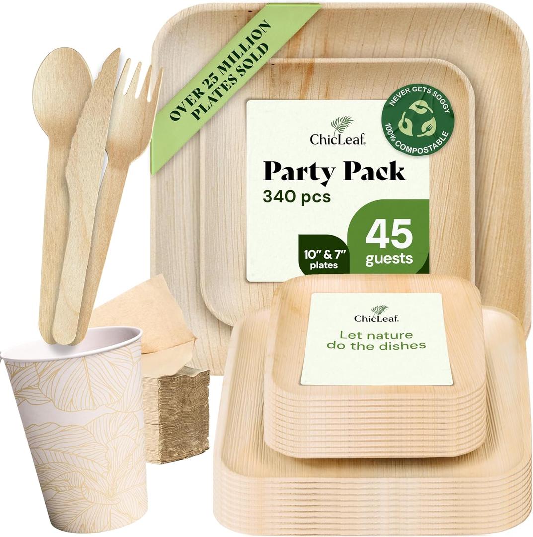 Chic Leaf Compostable & Biodegradable Palm Leaf Disposable Party Plates, Cups & Napkins Set - 10" & 7", 45 Person Set - Heavy Duty Party Supplies - Square Appetizer Plates, Cups & Napkins Disposable