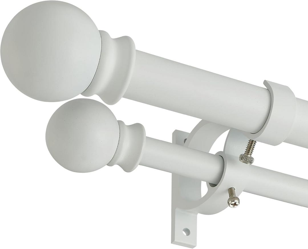 Matte White Double Curtain Rods 72-144 Inch,1Front and 5/8Back Double Drapery Rod with Small Round Ball and Aluminum Brackets, Adjustable Dual Window Rod for Sheer/Blackout Curtains