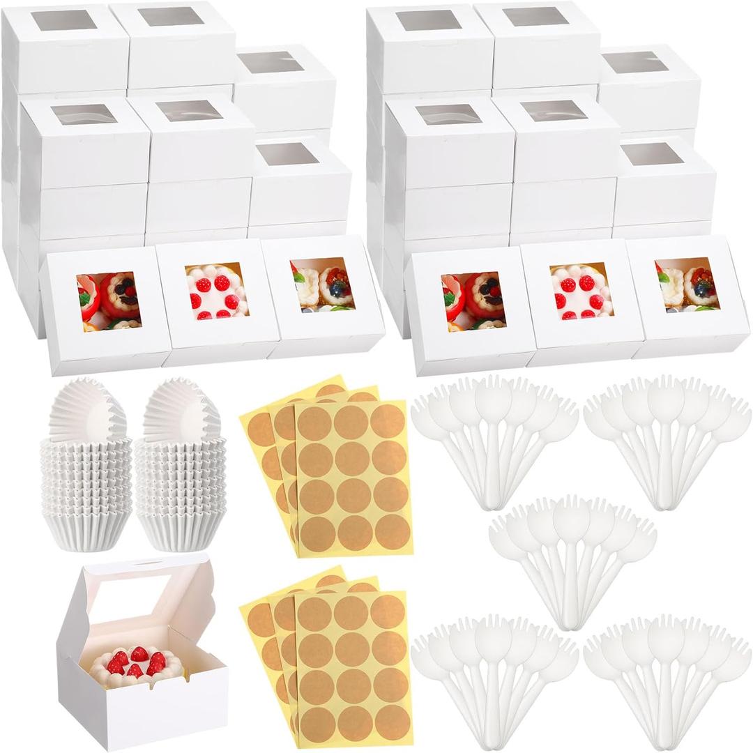 Honeydak 80 Pcs White Bakery Boxes with Window Cookie Boxes 6 x 6 x 3 Inches White Paperboard Treat Boxes 80 Pcs Spoon 500 Pcs Paper Cup 84 Pcs Stickers for Cookies Pastry Strawberries Macarons