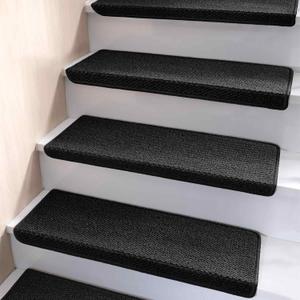 Bullnose Carpet Stair Treads, Non Slip for Wooden Steps Indoor, Runner, Soft Rugs for Pets, Edging Protectors, Washable, 29.5"x9.5"x1.5" 14pcs, Black