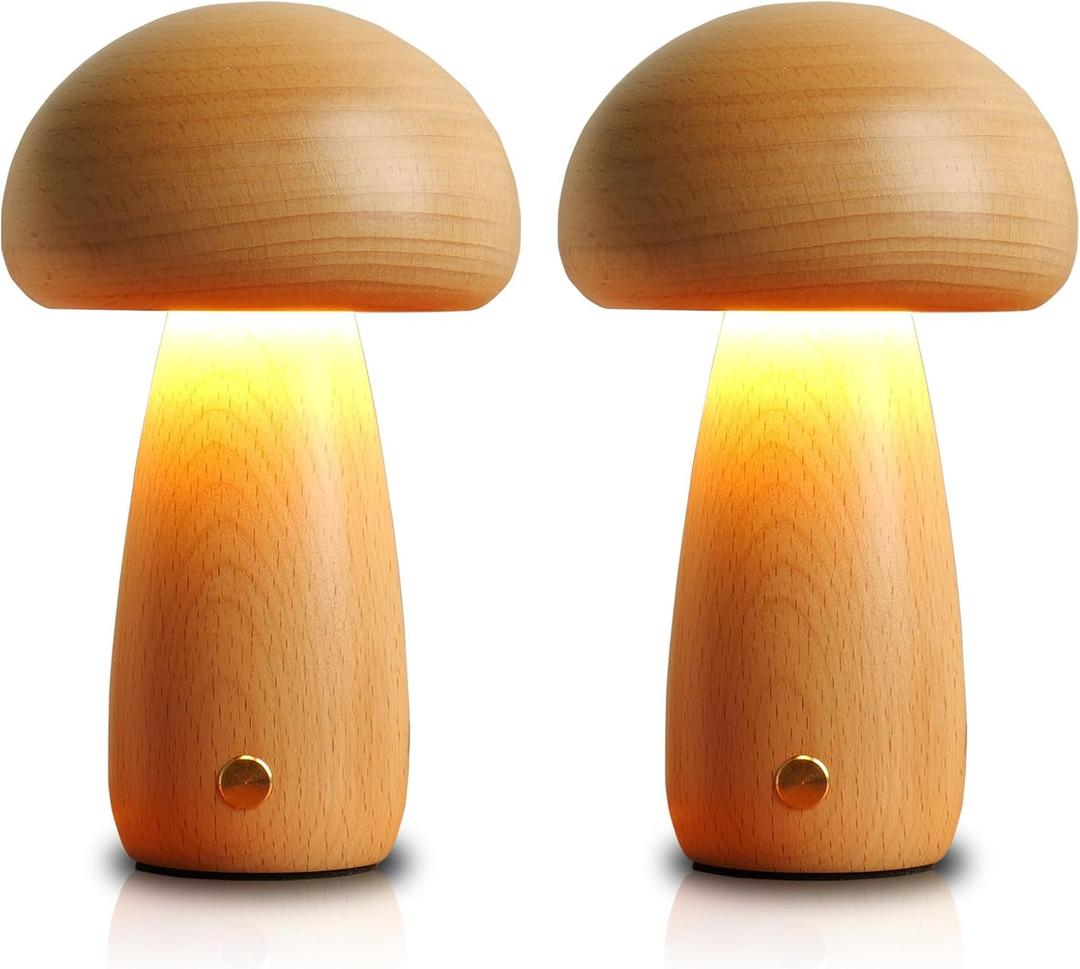 LONRISWAY 2 Pack Wooden Mushroom Lamp, Portable Cordless Touch Switch Small Rechargeable Battery Operated Lamp,Stepless Dimming,