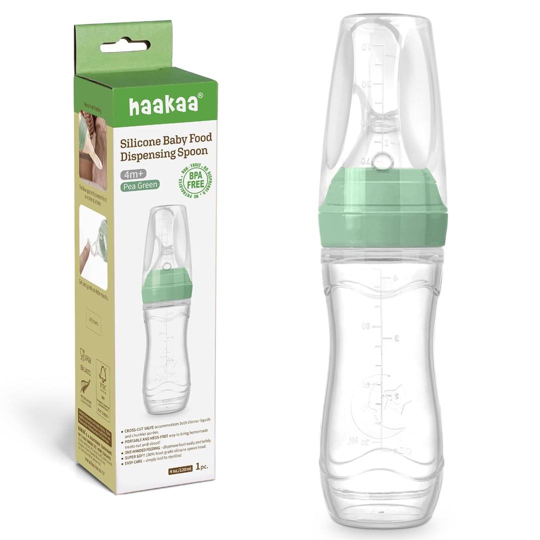 Haakaa Silicone Baby Food Dispensing Spoon Feeder 4oz - Infant Squeeze Cereal Feeder, Baby Fresh Food Feeder, Feed Bottle for Puree, Solid Baby Food, BPA Free, 4m+ Babies  Pea Green