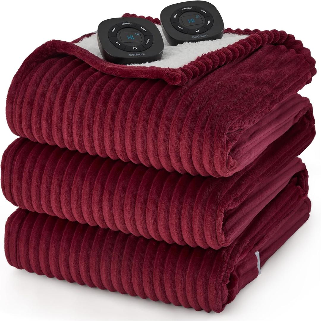 Bedsure GentleSoft Electric Blanket King Size - Soft Ribbed Flannel Heated Blanket with Dual Control, Heating with 10 Heat Settings & 10 Time Settings, 8 hrs Timer Auto Shut Off (90"x100", Burgundy)