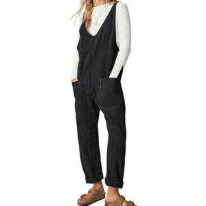 EXLURA Womens High Roller Denim Bib Jumpsuits Casual Loose Sleeveless Baggy Overalls Jeans Pants Jumpers with Pockets (Black)
