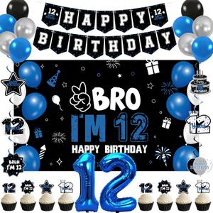 Vlipoeasn 12th Birthday Decorations Set for Boys Girls, 35PCS Black Blue 12 Year Old Birthday Backdrop Banner, Black Blue Bruh I'm 12 Party Supplies