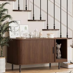 Cat Litter Box Enclosure with Cat Scratch Pad, Sliding Door, 37.4" Litter Box Enclosure Furniture Hidden Litter Box, Modern Indoor Cat House, TV Stand, Side End Table for Living Room, Walnut