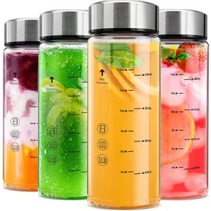 Yirilan Juice Bottles 4 Pack 16 oz，Reusable Glass Bottles with Lids，Stainless Steel Lids Water Bottle for Juicing, Smoothies, Water, Leakproof, BPA Free