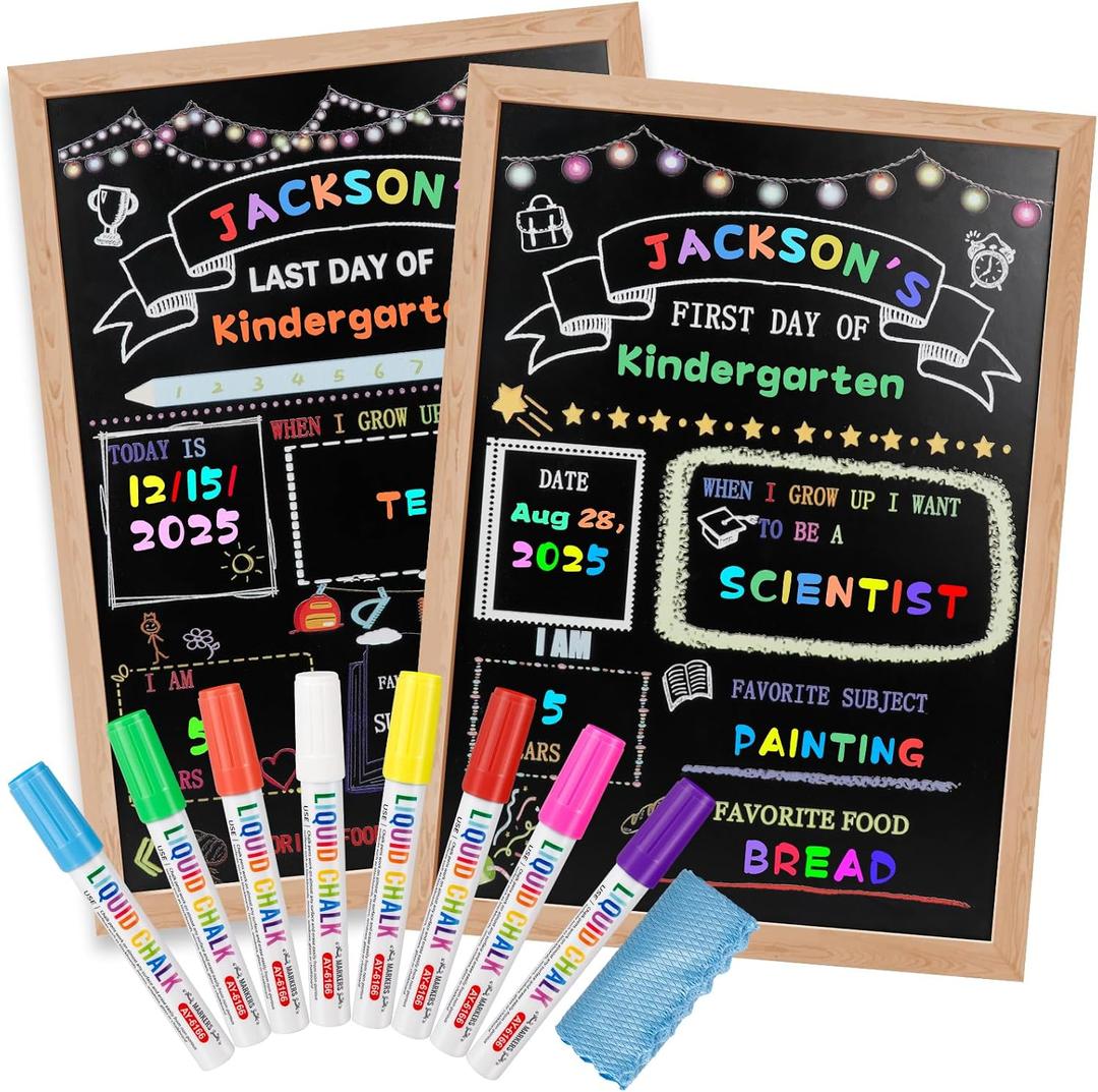 Stondino First Day of School Sign-16"x12"Wooden First and Last Day of School Board Double Sided Chalkboard with 8 Liquid Chalk Markers, Reusable Back to Schools Sign for Kindergarten Preschool