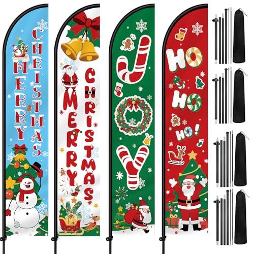 Remagr 4 Pcs Christmas Feather Flag Set 12 ft Tall Merry Christmas Ho Ho Joy Banner Sign with Poles and Ground Spike for Xmas Holiday Decorations Outdoor Garden Shop Business Promotion