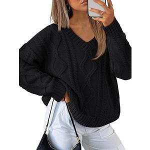 Trendy Queen Oversized Cable Knit Sweaters for Women 2025 Cozy Pullover Knit Fall Outfits V Neck Cute Winter Clothing Large