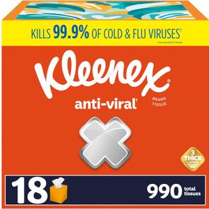 Kleenex Anti-Viral Facial Tissues, Classroom or Office Tissue, 18 Cube Boxes, 55 Tissues per Box, 3-Ply (990 Total Tissues) (White)