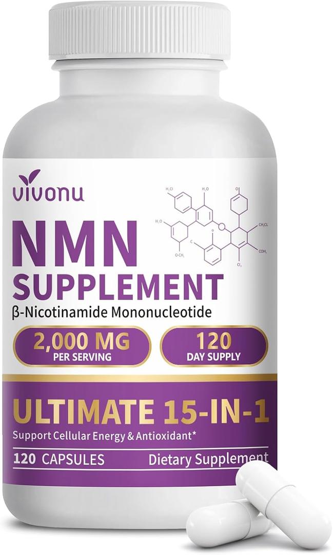 15-in-1 Liposomal NMN Supplement, 2000mg per* Serving*, 120 Day Supply, 99% Pure, NAD+ NMNH Alternative with Nicotinamide Mononucleotide, Resveratrol, TMG, CoQ10, Quercetin & Glutathione, 120 Capsules EXP: 07/21/2028