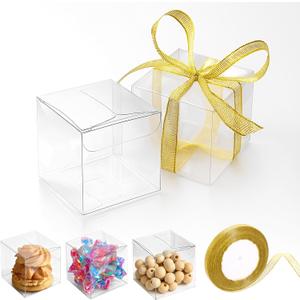 SHENLIU 200 Pack Clear Favor Boxes with Ribbons, 2 x 2 x 2Inches Mini Transparent Cube Treat Boxes Small Candy Containers Plastic Gift Box for Macaron, Wedding, Baby Shower, Birthday, Party Favors