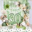 30th Birthday Decorations for Her, Sage Green 30th Bday Decorations for Women Happy Birthday Banner Green Gold Balloons Crown Sash Fringe Curtain Tablecloth Cake Topper for Bday Decor