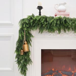 2PCS 9FT Christmas Cedar Garland Artificial Realistic Green Faux Real Touch Winter Pine Garland for Mantle Fireplace Wall Table Indoor Outdoor Decoration