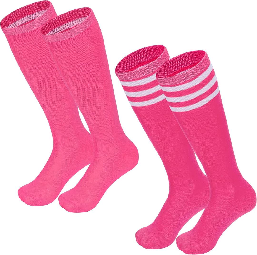 Century Star Kids Soccer Socks Softball Baseball Sock Toddler Youth Knee High Socks Striped Cotton Atheletic (6-9 Years, Roseo & Peach White)