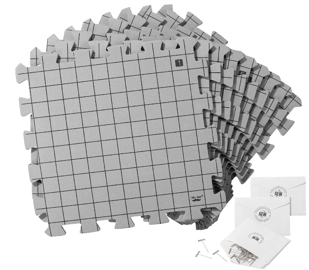 Mr. Pen Blocking Mats for Knitting & Crochet Projects, 12" x 12", 9 Pack with 150 pcs TPins, Gray Aligned Grid Knitting Blocking Mats and Pins, Water & Heat Resistant