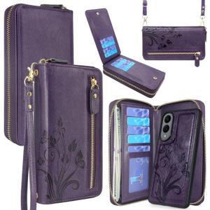 for Samsung Galaxy S25 Edge Wallet Case,Crossbody Dual Zipper Detachable Magnetic Leather Wallet Case Cover Wristlets Wrist Strap 13 Card Slots Money Pocket(Floral Dark Purple)