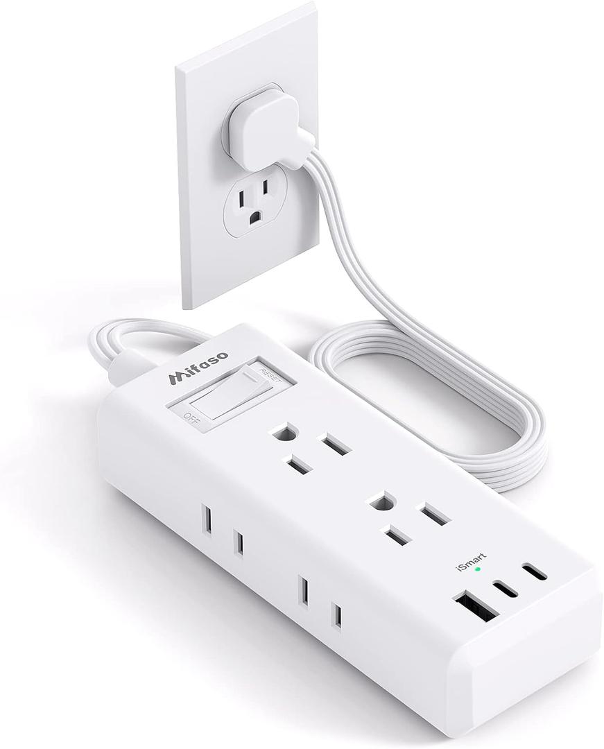 Flat Plug Extension Cord, 10ft Ultra Thin Flat Power Strip - 6 Outlets 3 USB Ports (2 USB C) 3 Side Outlet Extender, Power Strip with No Surge Protection for Cruise, Travel, Dorm Essentials