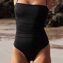 Women's Sexy Ruched Bandeau One Piece Swimsuit Bathing Suit for Long Torso, Super Cheeky Slimming Swimwear (Black, M)
