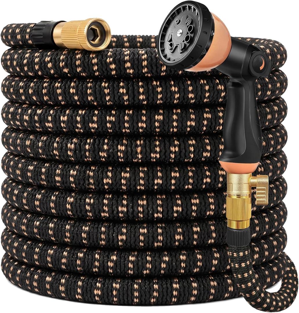 100 ft Expandable Garden Hose, Lightweight Expanding Water Hose with 10 Function Nozzle, 3/4" Solid Brass Fittings, 5-Layer Latex Core, No-Kink Flexible Retractable Hose for Patio, RV, Car Washing