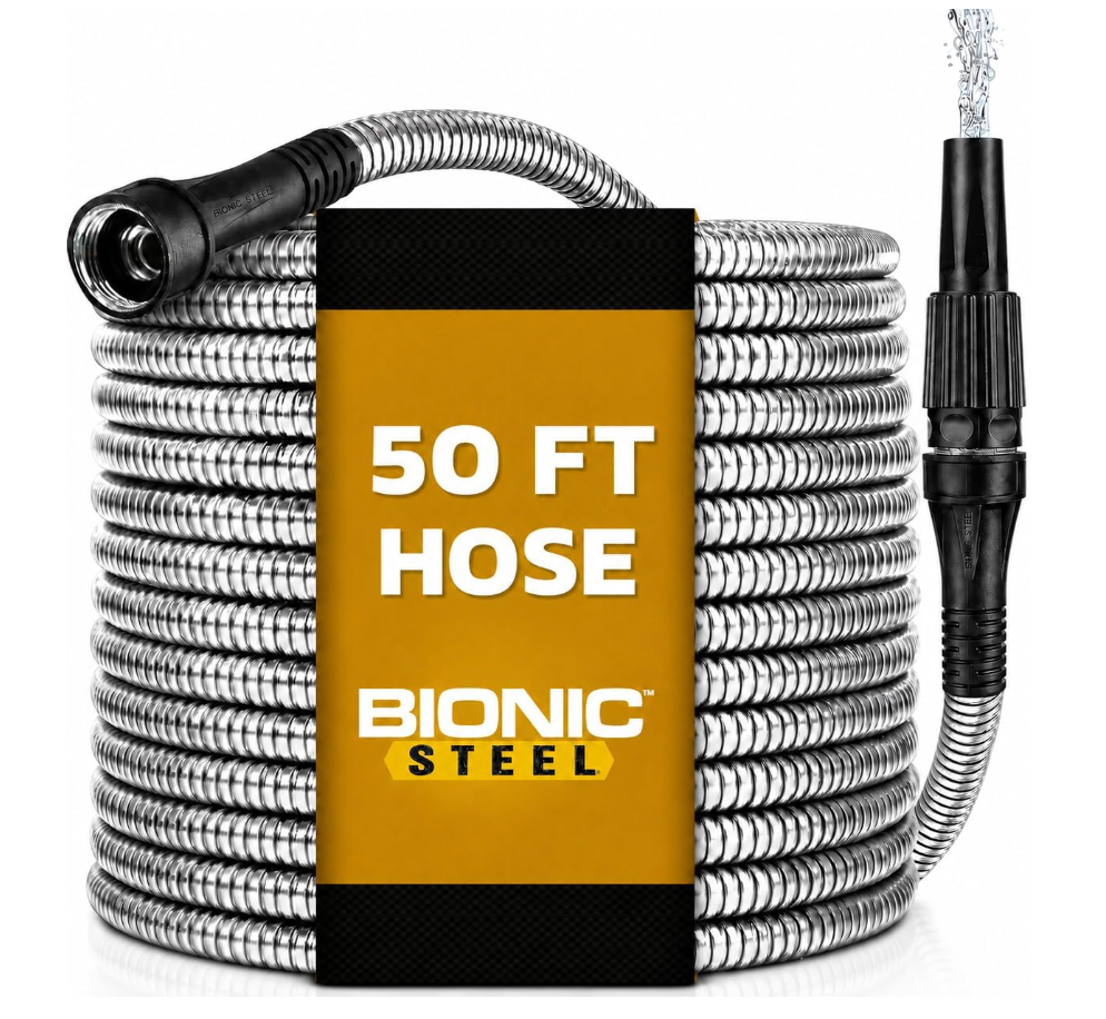 BIONIC STEEL 50 Ft Metal Garden Hose with Sprayer Nozzle, Non Kinking Designed Stainless Steel Heavy Duty Water Hose 50Ft x 5/8 in. Ultra Flexible NON Expandable for Uninterrupted Water Flow, 500 PSI