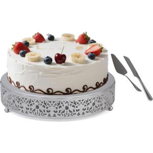 MTJYQTF Silver Cake Stand Set - Metal Round Cupcake Dessert Stand with Cake Cutting & Cake Spatula for Party, Candy Table Display for Wedding Birthday Baby Shower Housewarming Party CS003-pan-silver (12in-Silver-1 Pcs)