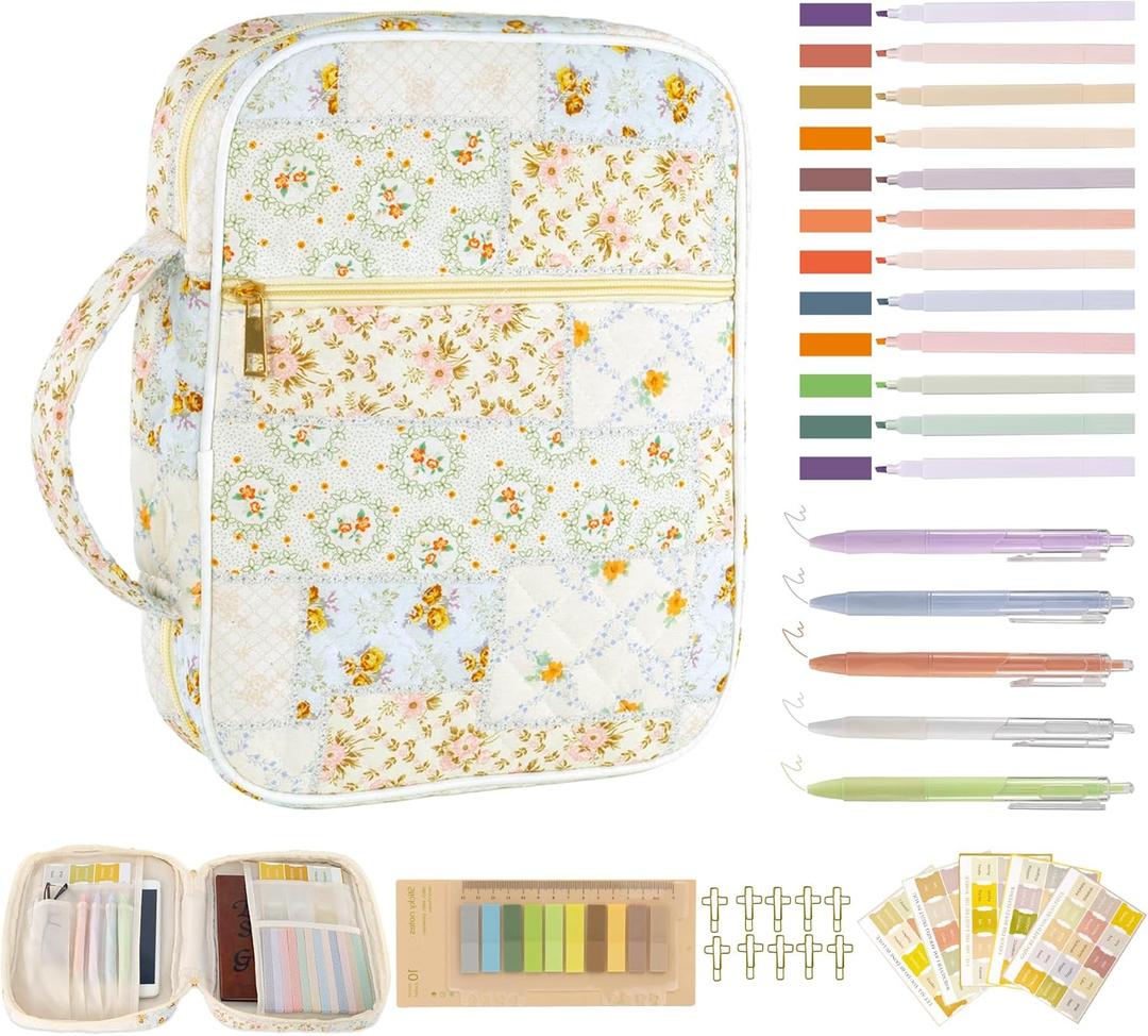 Bible Cover Case for Women, Large Bible Bag with Study Kit, Spliced Flower