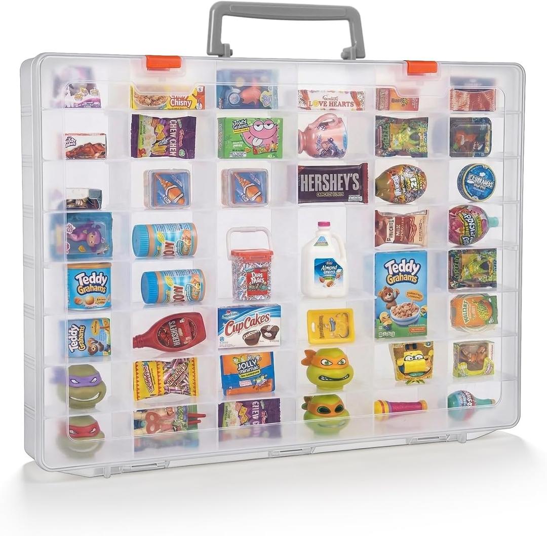 Organizer Box Compatible with Mini Brands Collectibles, 48 Grids Clear Plastic Box with Removable Dividers and Latch Opening, Ideal for Display and Storage of Mini Brands Toys, Travel Friendly