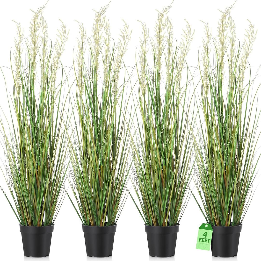Jexine 4 Pcs 4 ft Tall Artificial Grass Plant Potted Artificial Greenery Floor Plants Faux Pampas Grass Tall in Pot for Housewarming Gift House Garden Bathroom Lobby Outdoor Decoration
