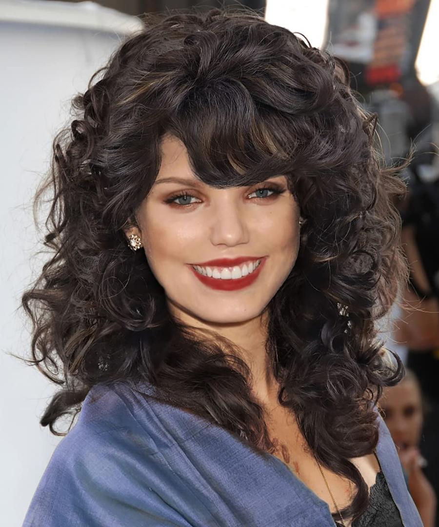 GNIMEGIL Natural 80s Wig Women Short Curly Wigs For Women Soft Mix Brown Big Curly Wig With Bangs Afro Kinky Curls High Temperature Synthetic Fiber African American Hairstyle