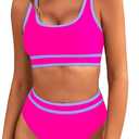 BMJL Women's High Waisted Bikini Sets Sporty Two Piece Swimsuits Color Block Cheeky High Cut Bathing Suits (Large, Hot Pink011)