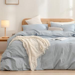 BESTOUCH Duvet Cover Set 100% Washed Cotton Linen Feel Super Soft Comfortable Chic Lightweight 2 PCs Home Bedding Set Solid Cornflower Blue Twin/Twin XL