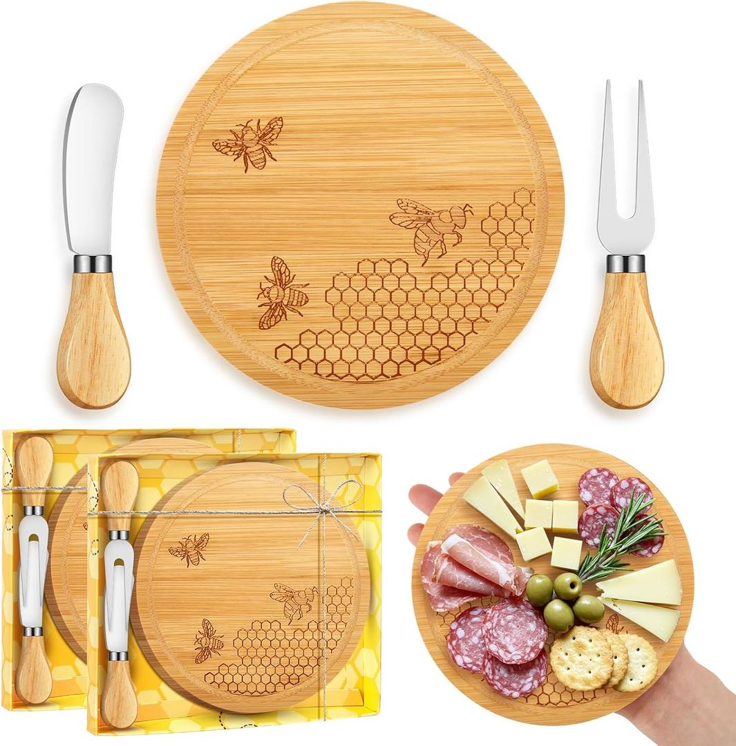 2 Set Bridal Baby Shower Prizes for Winners Honey Bee Cheese Board Party Gifts with Cheese Knive and Forks Box for Bee Baby Shower Themed Birthday Wedding Favors (Round)