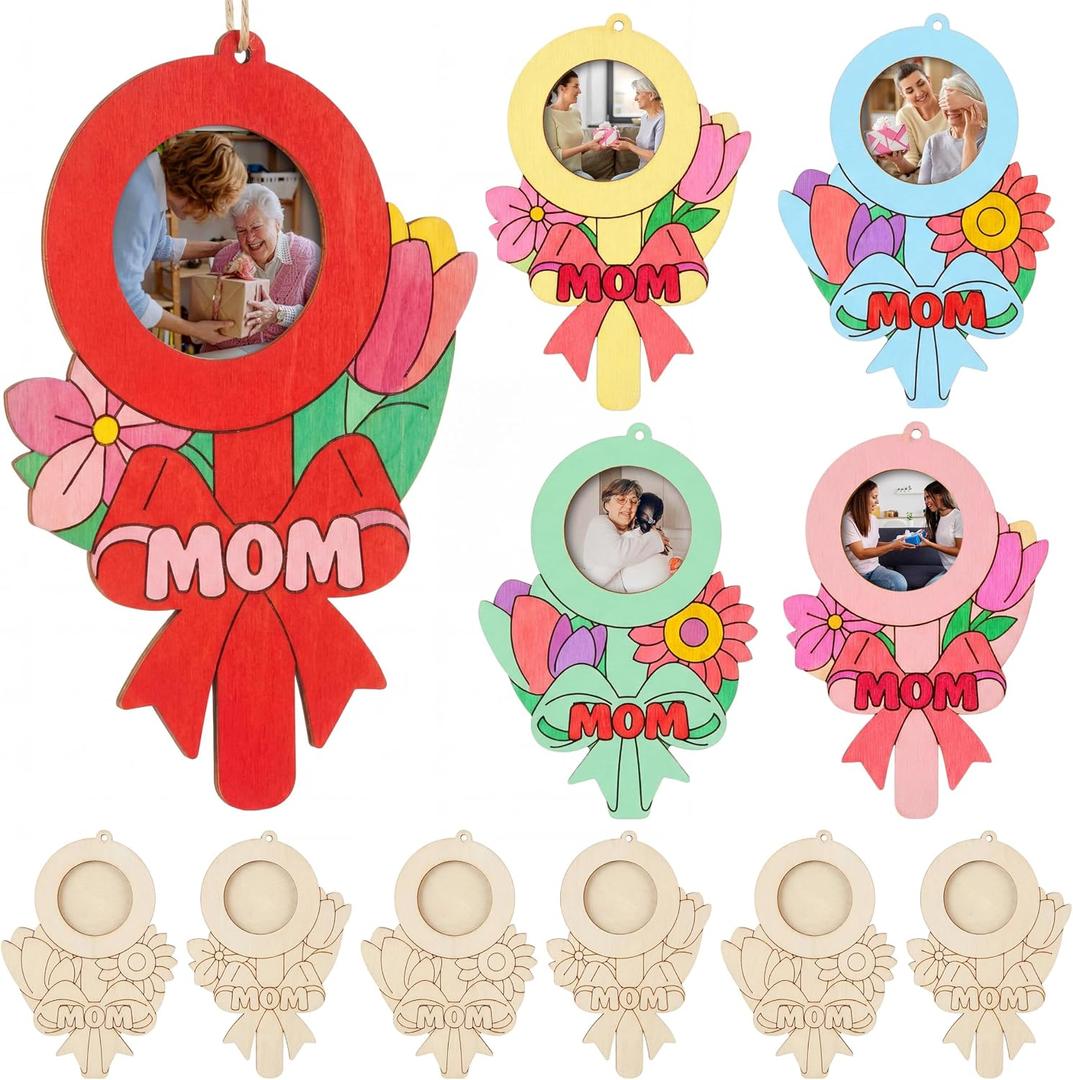 Geelin 12 Pcs Birthday Gifts for Mom Wood Unfinished DIY Picture Frame Crafts Color Your Own Photo Frames for Classroom Art Activity Mom Gifts(Bouquet Shaped)